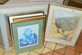 SIX PICTURES AND PRINTS, to include a pen and wash study of a quarry, signed chuter, mounted