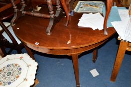A PAIR OF EDWARDIAN MAHOGANY AND SATINWOOD INLAID D-END TABLES on square tapering legs and spade