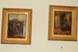 A PAIR OF VICTORIAN OIL ON CANVAS PAINTINGS, the first of a young girl with a writing slate and