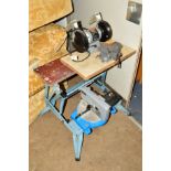 A FOLDING WORKBENCH, a bench grinder, vice and Combi mitre saw