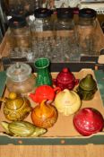 TWO BOXES OF GLASS AND CERAMICS to include vintage glass sweet jars and storage bottles with a table