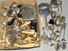 A BOX OF SILVER PLATED CUTLERY, trophy cups, silver backed hand mirror, EPNS sauce boat, etc (