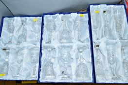 THREE BOXED VERIABLE CRISTAL GLASSES, to include six fluted, six red wines and six white wines