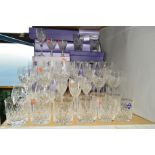 A SUITE OF EDINBURGH CRYSTAL CUT GLASS DRINKING GLASSES WITH BOXES, to include whisky, wine and