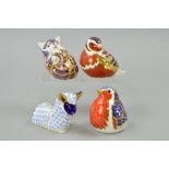 FOUR ROYAL CROWN DERBY PAPERWEIGHTS, Robin, Chaffinch, Lamb and Playful Kitten, all with gold