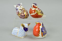 FOUR ROYAL CROWN DERBY PAPERWEIGHTS, Robin, Chaffinch, Lamb and Playful Kitten, all with gold