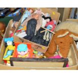 A QUANTITY OF SOFT TOYS, PUPPETS, BABY TOYS ETC (two boxes) (in aid of St Giles Hospice)