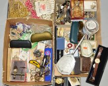 TWO BOXES OF COSTUME JEWELLERY, WATCHES AND GLASSES, to include beaded necklaces, imitation