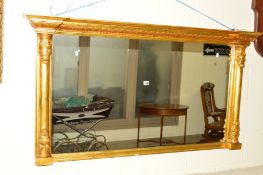 A MODERN GILT FRAMED OVERMANTLE MIRROR, approximate width 146cm x height 78cm