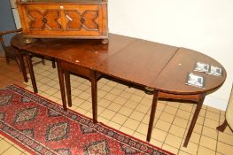 A GEORGIAN MAHOGANY AND INLAID DROP LEAF D END TABLE on square block legs, approximate width 264cm x