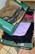 TWO BOXES OF HANDBAGS, SCARVES, SHAWLS ETC