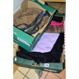TWO BOXES OF HANDBAGS, SCARVES, SHAWLS ETC