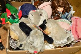 A BOX OF MODERN BISQUE HEAD COLLECTORS DOLLS, modern 'Sweep' hand puppets, etc