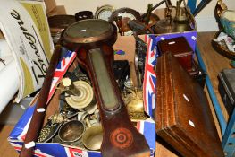 TWO BOXES AND LOOSE METAL WARES AND SUNDRIES to include two bottle jacks, horse brasses, copper
