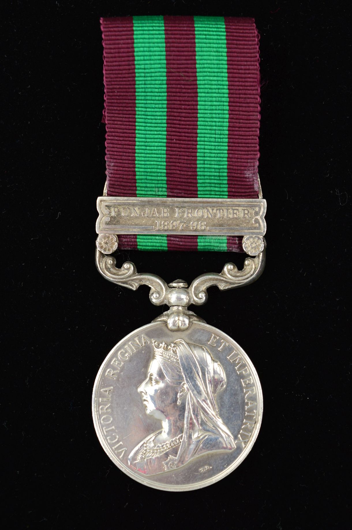 AN 1896 INDIA MEDAL, bar Punjab Frontier 1897-8, in scrolled naming to 3383 Pte J. Bowen/r 1st Btn