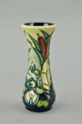 A SMALL MOORCROFT POTTERY BUD VASE, 'Lamia' pattern, impressed and painted marks to base, height