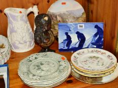 A GROUP OF CERAMICS, to include two Derby plates with scenes by Statham, rectangular blue and