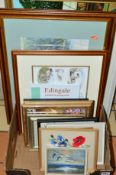 A COLLECTION OF PICTURES, PRINTS AND NEEDLEWORK ETC, to include a Jean Tilley watercolour of a river