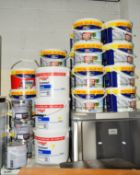 TWENTY FOUR 7.5 LITRE TUBS OF DULUX WEATHERSHIELD WHITE PAINT, three 12 litre tubs of Leyland