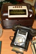 A BUSH RADIO IN BROWN BAKELITE CASE, TYPE DAC 10, together with a vintage call exchange telephone (