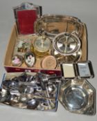 TWO BOXES OF SILVER PLATE, including photograph frames, two tier cake stand, cutlery, etc (two