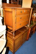 AN OAK CHEST of three long drawers and an oak blanket chest (2)