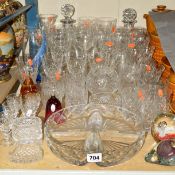 A PARCEL OF CUT GLASS ETC, to include decanters, drinking glasses, vases and trinkets etc