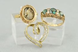THREE ITEMS OF 9CT GOLD JEWELLERY, to include a ring set with three circular synthetic spinels