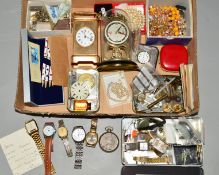 A SELECTION OF COSTUME JEWELLERY AND WATCHES, to include a small silver fronted clock, a single Dior