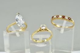 THREE 9CT GOLD GEM SET RINGS, the first a single stone, circular cubic zirconia ring, ring size L,