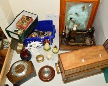 A QUANTITY OF COSTUME JEWELLERY, cased sewing machine, mantel clock, circular barometer, ceramic,