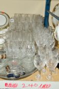 A QUANTITY OF CUT GLASS, etc to include wine glasses, champagne flutes, tumblers, sherry glasses, an