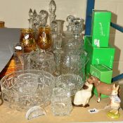 A PARCEL OF CUT GLASS AND BESWICK FIGURES, to include nine decanter vases and bowls, a Beswick