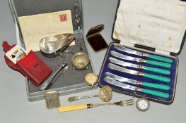 A SELECTION OF MAINLY SILVER NOVELTIES, to include an early 20th century silver pocket watch with