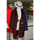 A LONG BROWN MINK FUR COAT, together with an Olney Headwear straw boater (2)