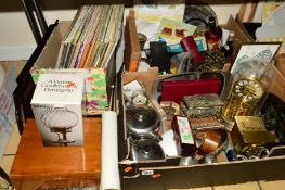 THREE BOXES AND LOOSE SUNDRY ITEMS including metalwares, clocks, dressing table wares, LP's, a