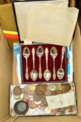 A SMALL QUANTITY OF WORLD COINS, a cased set of six EPNS teaspoons and a quantity of photographs