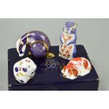FOUR ROYAL CROWN DERBY PAPERWEIGHTS, 'Puppy' (Collectors Guild) boxed, gold stopper, 'Badger' boxed,