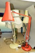 TWO ANGLEPOISE LAMPS BY HERBERT TERRY, one is red, one is cream, together with a Strathearn glass