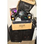 A PAIR OF AI INTIMIDATION DJ SPEAKERS, a boxed KAM KBA12 amplifier, a pair of Laser Display units, a