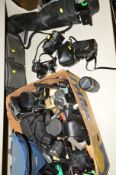 A BOX OF FILM AND DIGITAL CAMERAS, including an Exakta RTL 1000 fitted with a Meyer Gorlitz 50mm