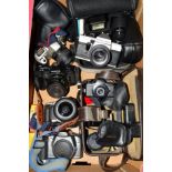 A TRAY OF SLR AND 110 CAMERAS AND EQUIPMENT, these include a Pentax Auto 110, Motorwinder, flash,