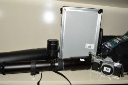 A PRAKTICA MTL3 SLR BODY, a Pentacon 200mm f4 lens, an Optomax 500mm f8 with tube, an aluminium