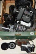 A TRAY OF CAMERAS AND EQUIPMENT, including a Canon AE-1 fitted with a 50mm f1.8 lens, a FD 28mm f2.8