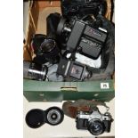 A TRAY OF CAMERAS AND EQUIPMENT, including a Canon AE-1 fitted with a 50mm f1.8 lens, a FD 28mm f2.8