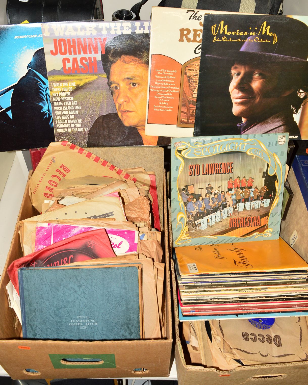 TWO TRAYS OF OVER 100 78'S AND L.P'S, including Nat King Cole, Ted Heath, Stan Kenton, Johnny