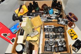 THREE TRAYS OF CAMERAS AND EQUIPMENT, including a Moscow Olympic Zenit EM body in chrome, a Zenit 11