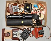 A TRAY OF VINTAGE CAMERAS, including Ilford, Kodak, etc and a Prinzgalaxy 400mm f 6.3 lens