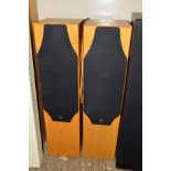 A PAIR OF MONITOR AUDIO FLOOR STANDING HI-FI SPEAKERS, in oak finish with a black speaker cover, in