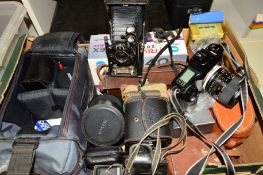 A TRAY AND TWO CASES OF CAMERAS, LENSES, VIDEO EQUIPMENT AND ACCESSORIES, including a Wallace Heaton